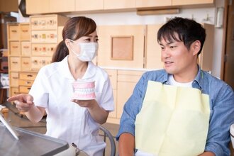 歯の模型を見ながら説明を聞く男性患者